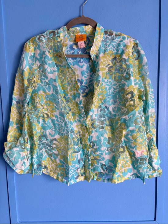 Ruby Rd. Tops - Ruby Rd Cropped Semi Sheer Floral Button Down - Women’s Size Petite 14